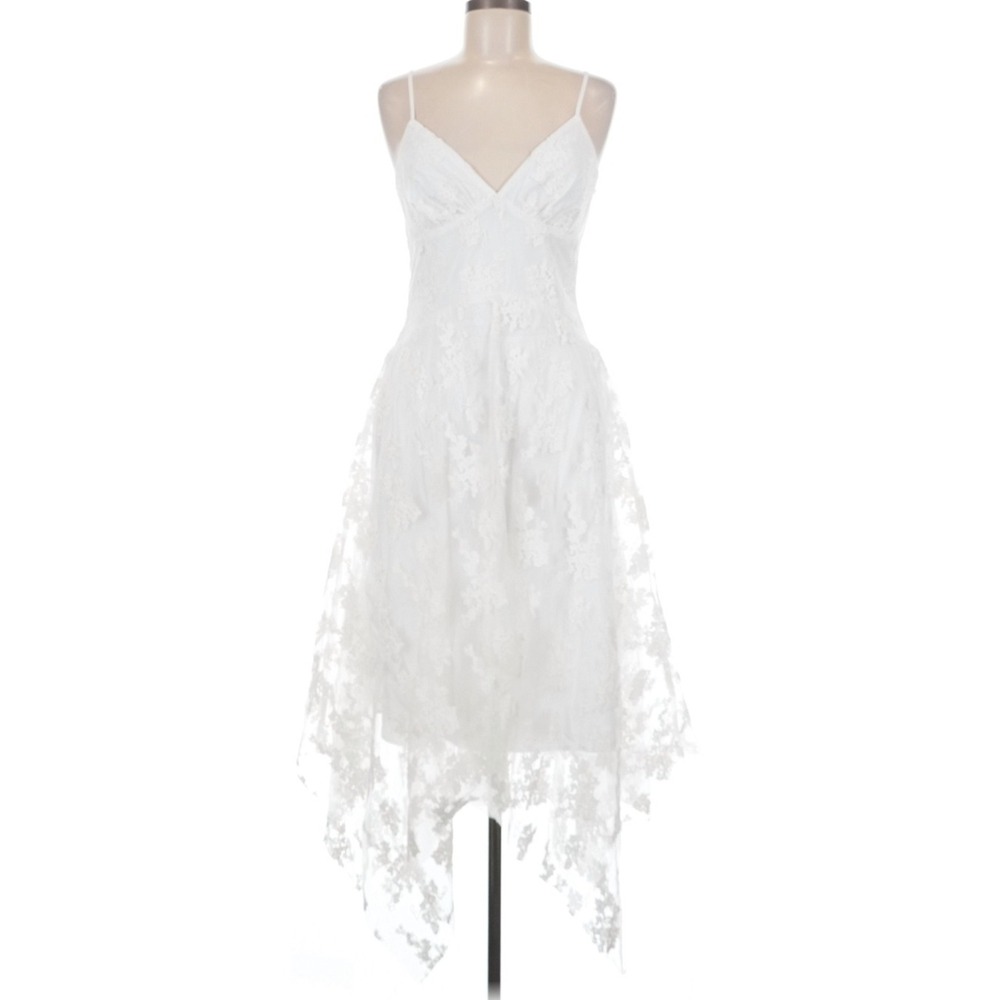 Women White Floral Lace Embroidered V-Neck Strappy Fairy Romantic Slip Dress L